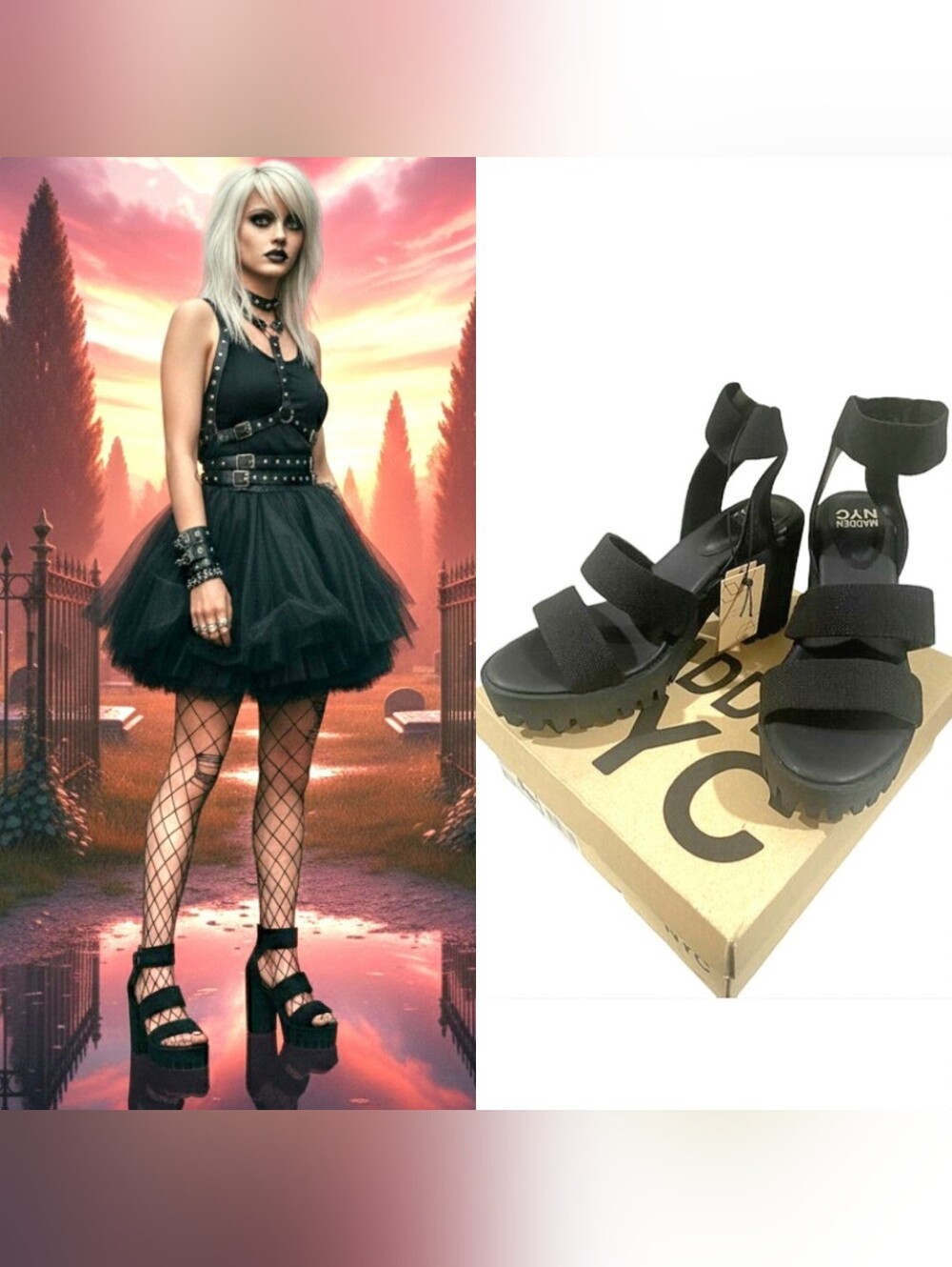 Madden NYC Y2K Inspired Blk 4" Lugged Heel Webbed Pl atform Sandals Sz 10 BNIB - Picture 17 of 17
